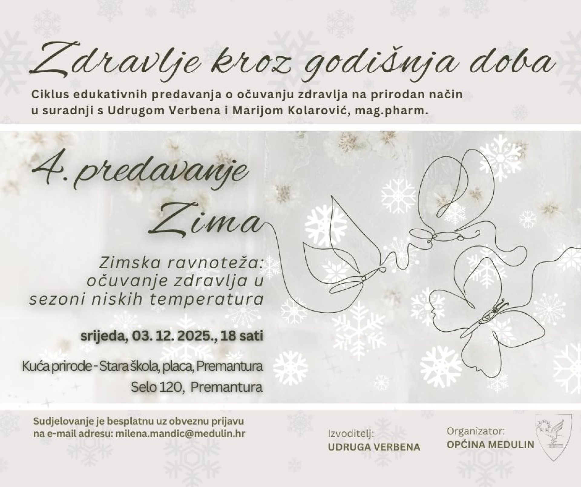 Poziv na predavanje farmaceutkinje Marije Kolarović iz udruge Verbena: “Zimska ravnoteža: očuvanje zdravlja u sezoni niskih temperatura”